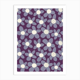 Playful Blooming Flowers Slate Blue On Plum Purple Art Print