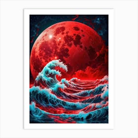 Night unveils a red full moon, casting its glow on the Great Wave of Kanagawa — a cosmic fusion of red beauty and the rhythm of water. Art Print