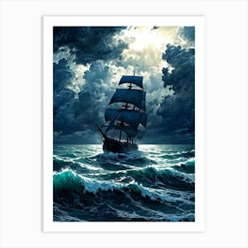 Ship In Stormy Sea Art Print