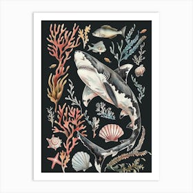 Nurse Shark Seascape Black Background Illustration 1 Art Print