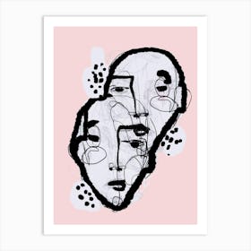 DOT DUO PINK - Face, Black, White, Pastel Pink Graphic Portrait  Line Drawing Art Print