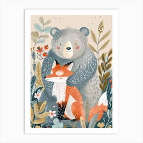 Sloth Bear And A Fox Storybook Illustration 3 Art Print