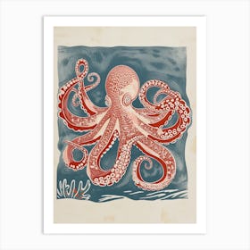 Red Octopus In The Ocean Linocut Inspired  6 Art Print