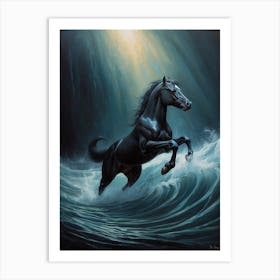 Black Horse In The Ocean Print  Art Print