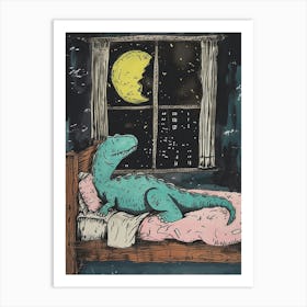 Dinosaur Snoozing In Bed At Night Abstract Illustration 3 Art Print