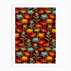 GARDEN MEADOW Floral Botanical Flowers Wildflowers in Warm Sunset Colours on Deep Rust Art Print