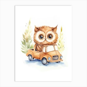 Baby Owl On A Toy Car, Watercolour Nursery 3 Art Print