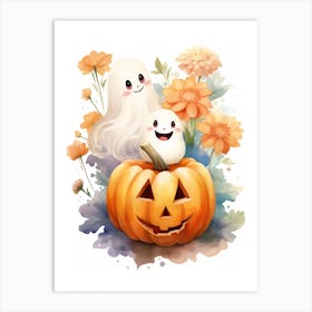 Cute Ghost With Pumpkins Halloween Watercolour 18 Art Print