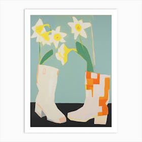 A Painting Of Cowboy Boots With Daffodil Flowers, Pop Art Style 2 Art Print