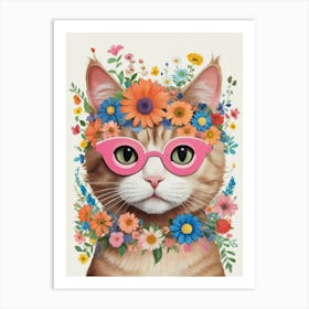 Pink Cat With Flowers Art Print