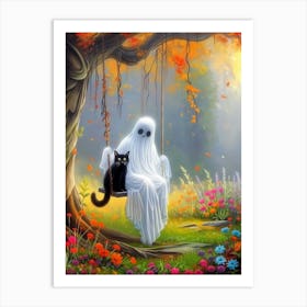 Ghost And Cat On Swing 1 Art Print