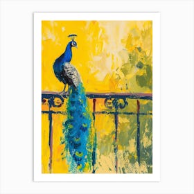 Brushstroke Yellow Blue Peacock On Winding Railing Art Print