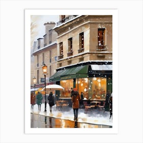 Paris cafes, winter season, Christmas, autumn oil colors, pale colors, pedestrians in the street, winter clothes, falling snow.Christmas decorations.19 Art Print