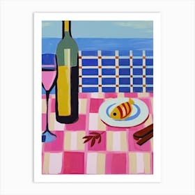 Painting Of A Table With Food And Wine, French Riviera View, Checkered Cloth, Matisse Style 11 Art Print