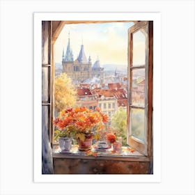 Window View Of Prague Czech Republic In Autumn Fall, Watercolour 4 Art Print
