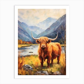 Highland Cow Impressionism Style Painting By The Loch Art Print