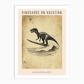 Vintage Giganotosaurus Dinosaur On A Surf Board 2 Poster Art Print