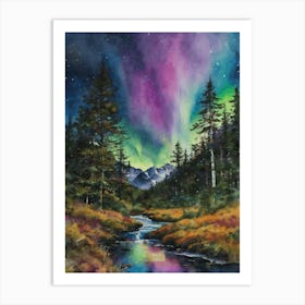 The Northern Lights - Aurora Borealis Rainbow Winter Snow Scene of Lapland Iceland Finland Norway Sweden Forest Lake Watercolor Beautiful Celestial Artwork for Home Gallery Wall Magical Etheral Dreamy Traditional Christmas Greeting Card Painting of Heavenly Fairylights 7 Art Print