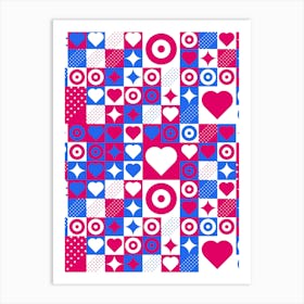 St. Valentines Day geometric neon synthwave pattern (red and blue) - abstract poster 2 Art Print