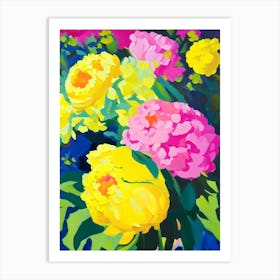 Cottage Gardens Peonies Yellow Colourful Painting Art Print