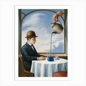 Bowler Hat Man & Blue Liquid Teapot In Dreamlike Atmosphere Art Print