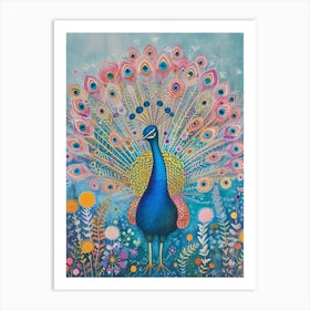 Folky Floral Peacock With Its Feathers Open 1 Art Print