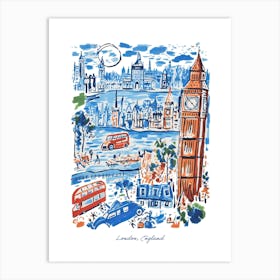 London City England Illustration Line Art Travel Blue Art Print