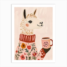 Cute Llama In Sweater with Coffee Art Print