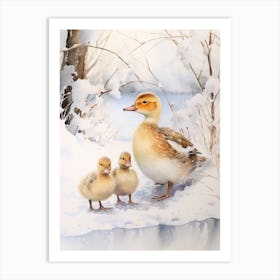 Ducklings & Mother In The Snow Watercolour  3 Art Print