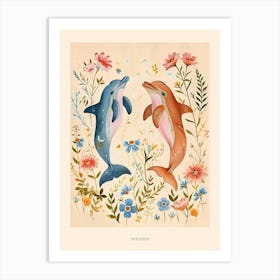 Folksy Floral Animal Drawing Dolphin Poster Art Print