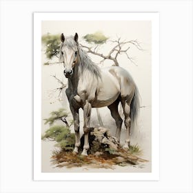 A Horse, Japanese Brush Painting, Ukiyo E, Minimal 1 Art Print