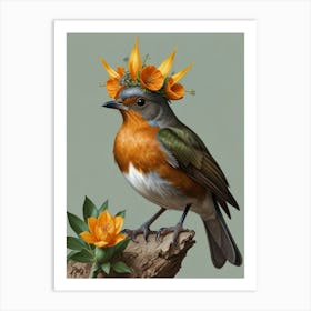 Robin With Flower Crown 12 Art Print