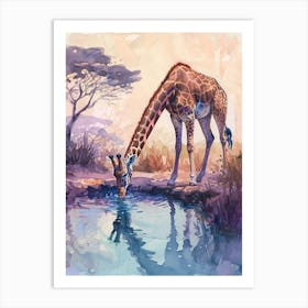 Giraffe By The Watering Hole Watercolour Illustration 1 Art Print