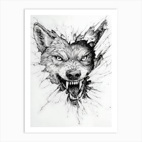 Angry Wolf Watching from Wall Hole Art Print