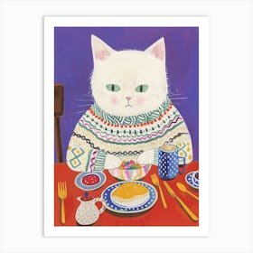 White Cat Having Breakfast Folk Illustration 3 Art Print