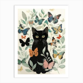 Cat Print Vintage Butterfly Illustration Black Cat Funny Art Print