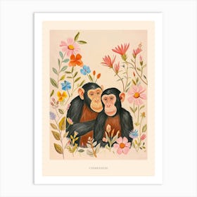 Folksy Floral Animal Drawing Chimpanzee 7 Poster Art Print