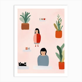 Tiny People At The Cat Cafe Illustration 7 Art Print