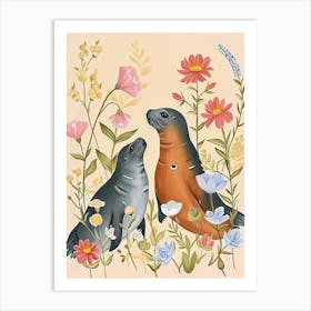 Folksy Floral Animal Drawing Harp Seal Art Print