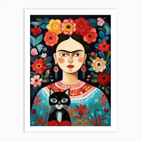 Frida Kahlo Portrait With Black Cat Mexican Painting Botanical Floral Art Print