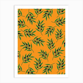 Scattered Olive Branches Black Olives on Bright Orange Art Print