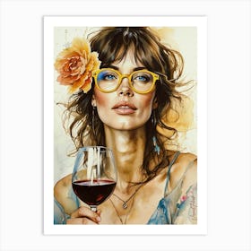 Boho Woman With A Flower And A Glass Of Wine Art Print