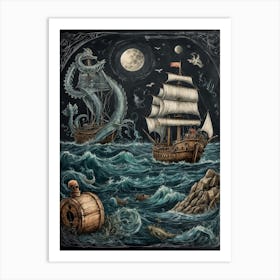 Pirate Ships At Night Art Print