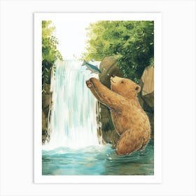 Sloth Bear Catching Fish In A Waterfall Storybook Illustration 2 Art Print