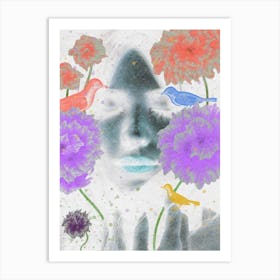 Dreamy Floral Portrait with Birds – Surreal Nature Art Art Print