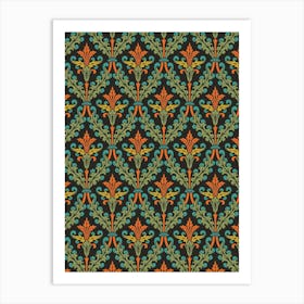 Enhanced Vintage Late Medieval Brocade Pattern Green And Orange On Dark Art Print