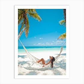 Content Woman Sprawls On A Pristine Tropical Beach Soft White Sands Adorned With Delicate Seashells (2) Art Print