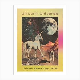 Retro Unicorn Dog Walks In Space Poster Art Print