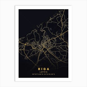 Riga Latvia Black And Gold Map Art Print