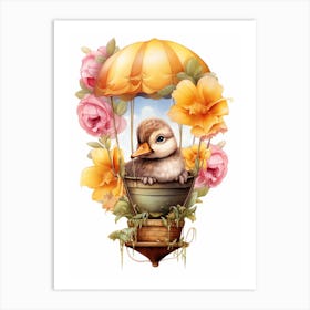 Hot Air Balloon Duckling Floral Illustration 2 Art Print